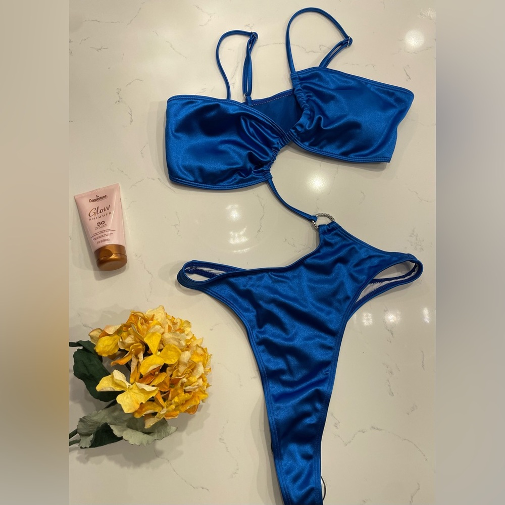 Shein Satin Ring Linked Cut Out One Shoulder One Piece Swimsuit